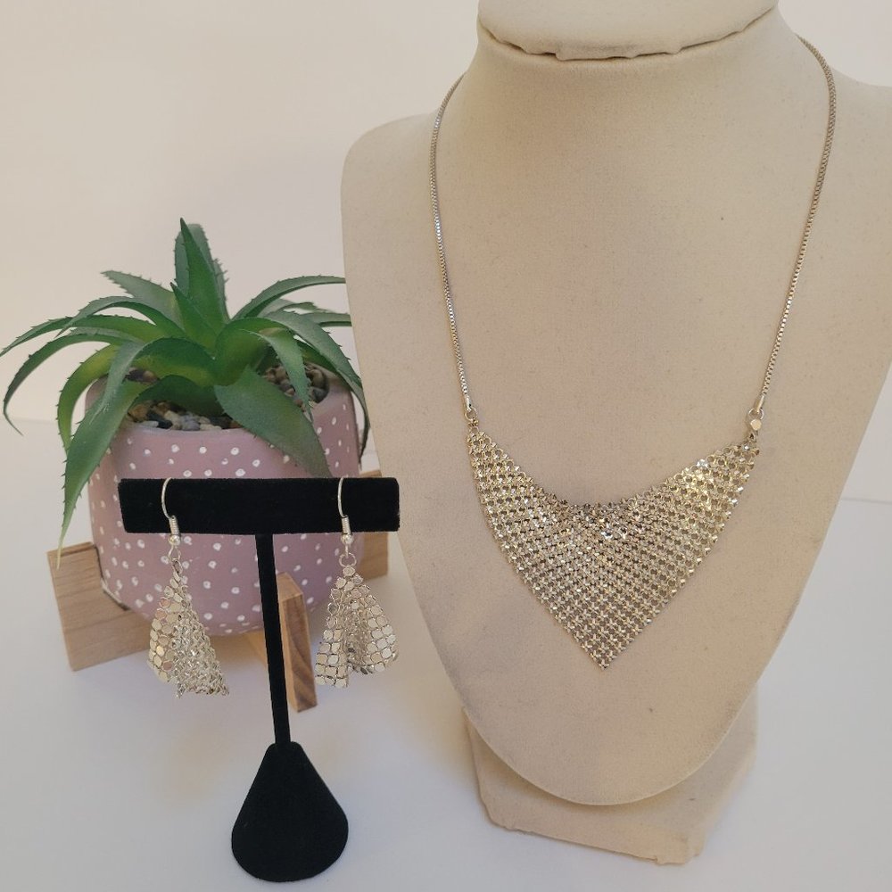 Triangular Silver Mesh Necklace and Earrings